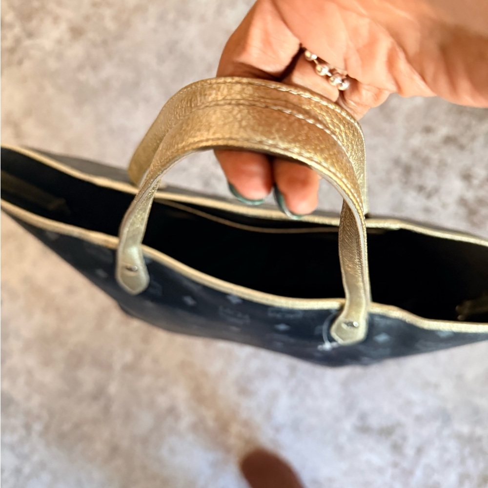 MCM Black Logo Tote with Metallic Gold Handles and Multicolor Stripe - Picture 3 of 6